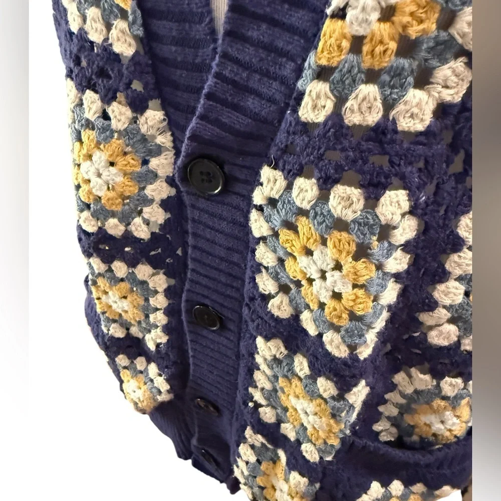 PacSun Estate Cardigan Crochet Granny Square V-Neck Button Down Sweater Navy - Picture 4 of 13